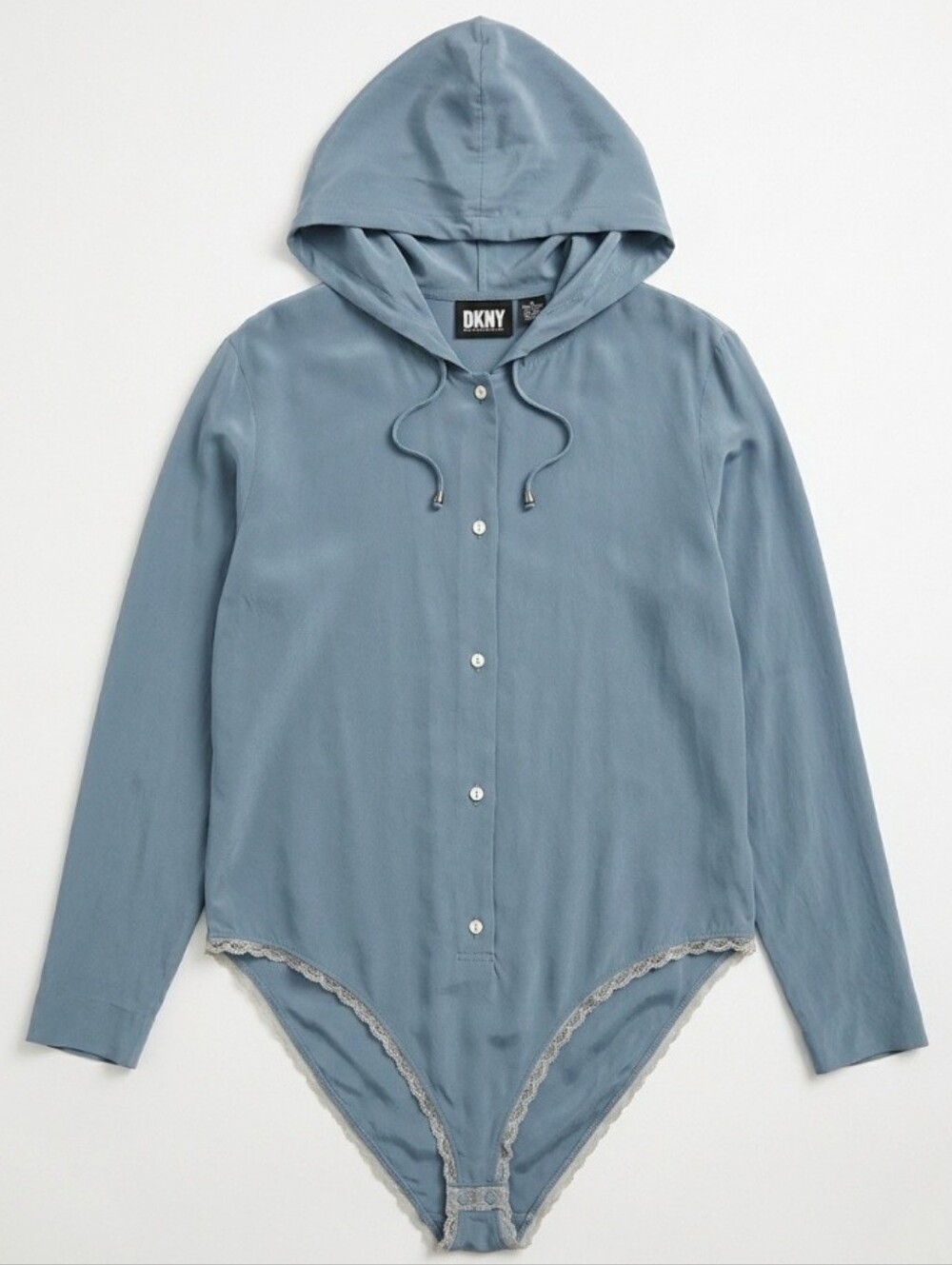 DKNY Vintage 100% Silk Hooded Bodysuit 90s Minimalist Blue 12